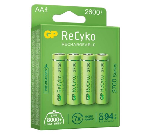 GP Batteries ReCyko 2700 AA Kalem Ni-MH Şarjlı Pil, 1.2 Volt, 4’lü Kart