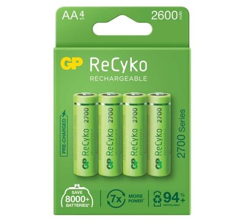 GP Batteries ReCyko 2700 AA Kalem Ni-MH Şarjlı Pil, 1.2 Volt, 4’lü Kart