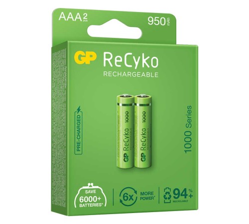 GP Batteries ReCyko 1000 AAA İnce Kalem Ni-Mh Şarjlı Pil, 1.2 Volt, 2’li Kart