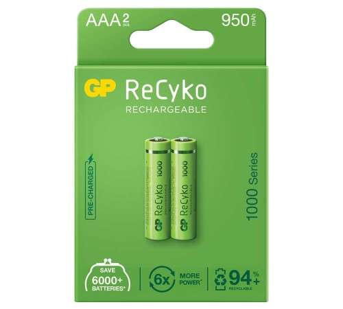 GP Batteries ReCyko 1000 AAA İnce Kalem Ni-Mh Şarjlı Pil, 1.2 Volt, 2’li Kart