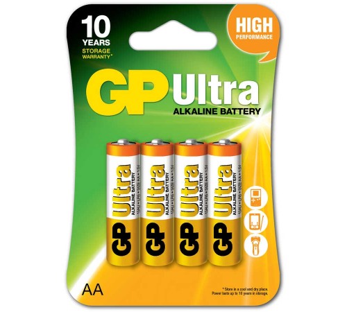 GP Batteries GP15AU Ultra Alkalin Lr6/E91/AA Kalem Pil, 1.5 Volt, 4′lü Kart