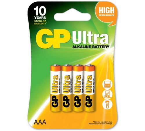 GP Batteries GP24AU Ultra Alkalin LR03/E92/AAA İnce Kalem Pil, 1.5 Volt, 4’lü Kart