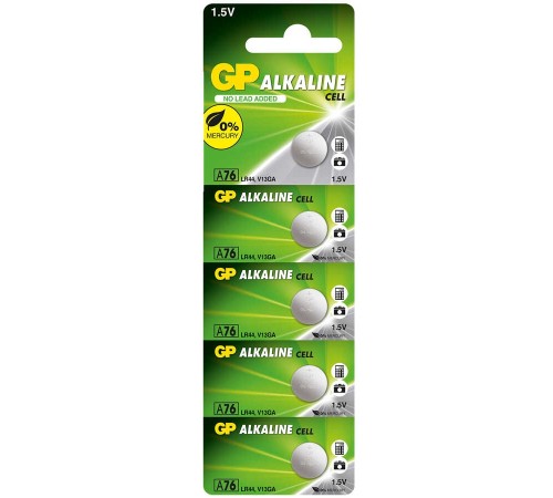 GP Batteries GPA76 LR44/A76/V13GA/AG13 Boy Alkalin Düğme Pil, 1.5 Volt, 5’li Kart