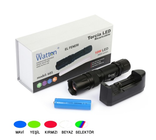 10W 2000 Lümen 4 Renk Güçlü EL Feneri Watton Wt-605